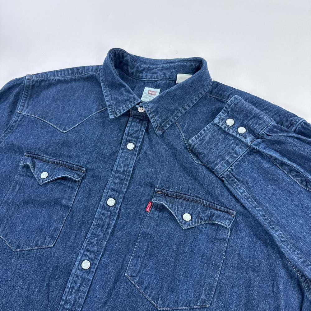 Levis Mens Western Shirt XL Dark Wash Denim Pearl Snap Cowboy Long Sleeve